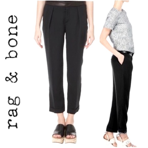 Rag & Bone Mo Genuine Leather Waistband Work Crape Dress Pants Trousers Black 2 - Picture 2 of 16